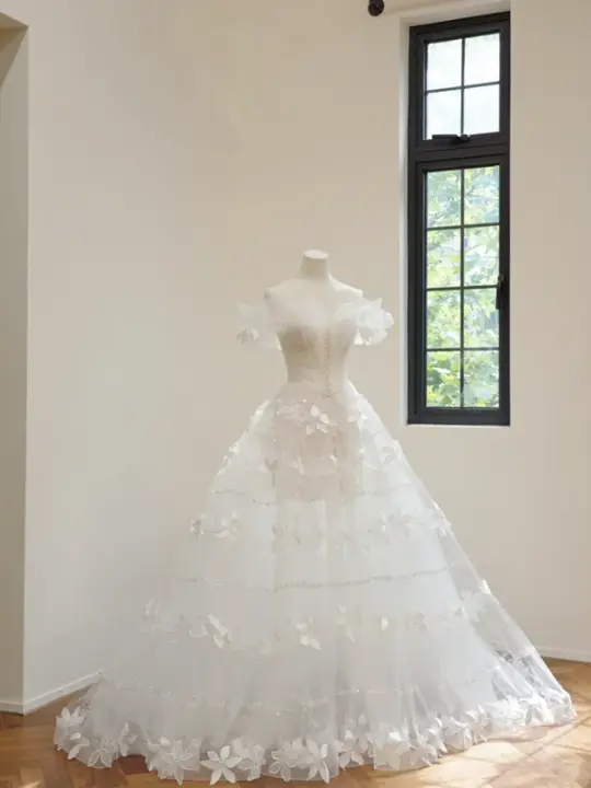 White off-the-shoulder fitted waist slim-fitting ball gown/bridal dress R8533