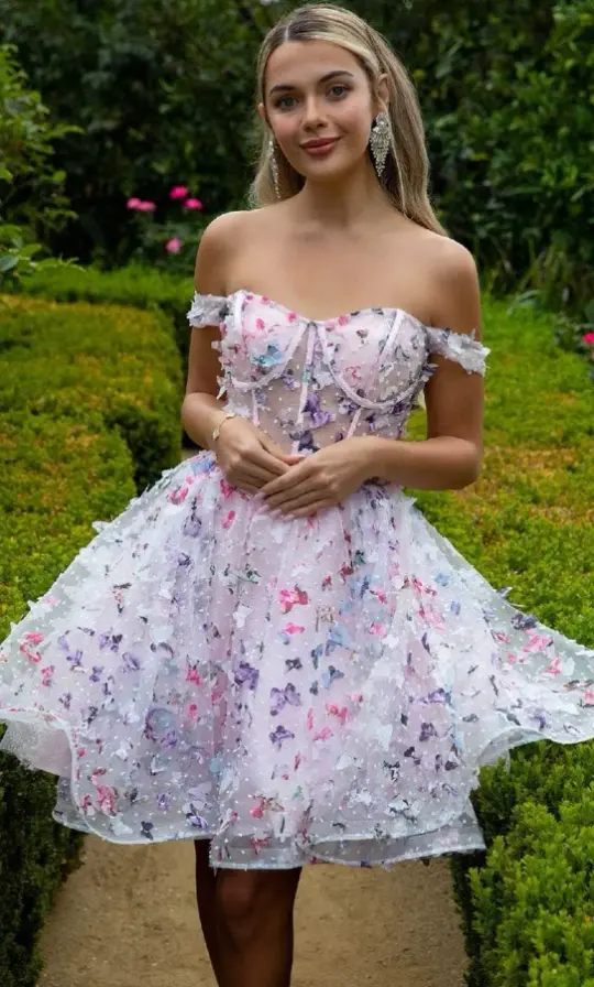 Cute White Floral A-Line Bateau Bodycon Mini Summer Dress Homecoming Dress RS403