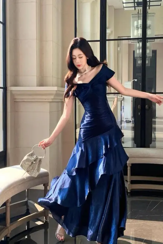 Elegant Navy Ruffled A-Line Portrait Corset Maxi Evening Dress Prom Dress RS549