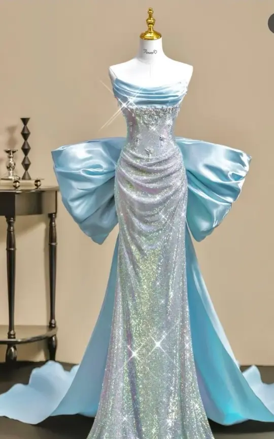 Elegant Pale Blue Mermaid Strapless Long Women Dress with Bow-knot Train Quinceanera Dress Evening Dress RS090
