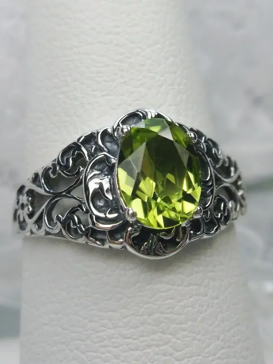Natural Peridot Ring, Size 5, Sterling Silver Art Nouveau Jewelry #D14 - Ready to Ship