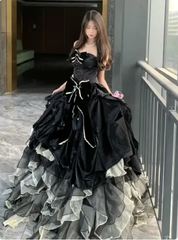 French Chic Black Ruffled Ball Gown Bateau Bow-knot Corset Maxi Evening Dress Prom Dress RS353
