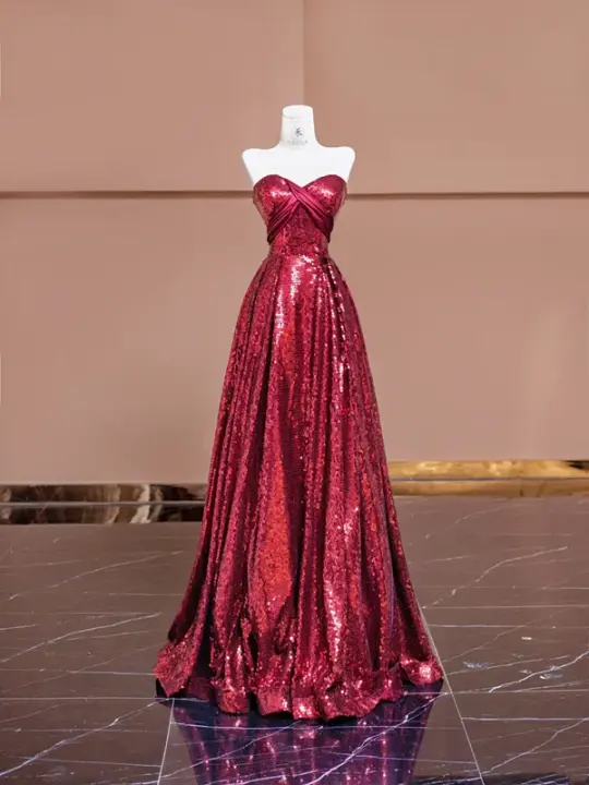 Deep red sequined strapless fitted waist elegant long ball gown, bridal dress R8381