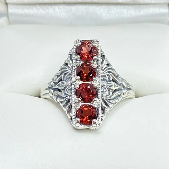 Natural Garnet Ring, Size 8.5, Victorian 4-Gem Swirl Filigree D72 - Ready to Ship
