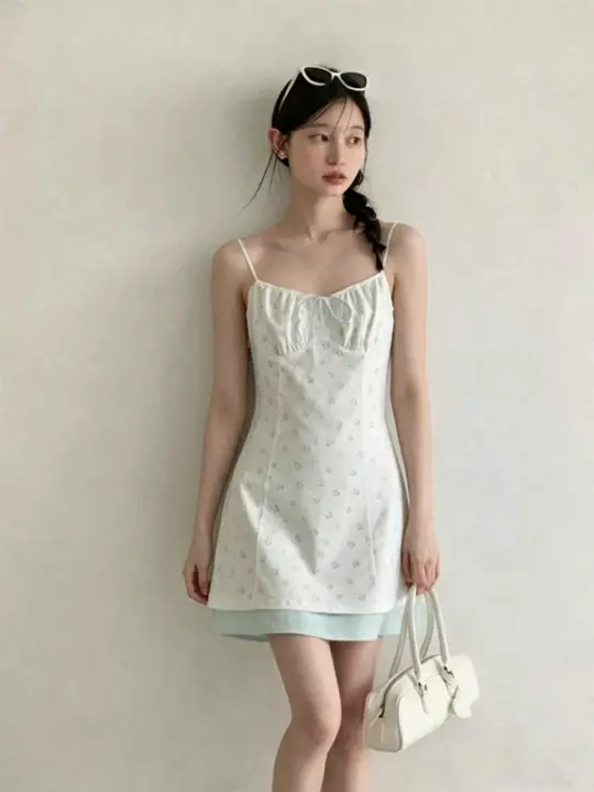 White Floral Cami Dress with Light Blue Tie Front and Elastic Waist R9176
