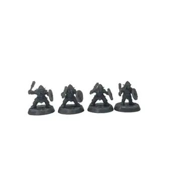 A front-view photograph of four unpainted grey resin goblin warrior miniatures against a white background. The goblins wear pointed helmets and scale armor, and each holds a spiked club and a round shield. They are standing in combat stances on circular, cobblestone-textured bases.