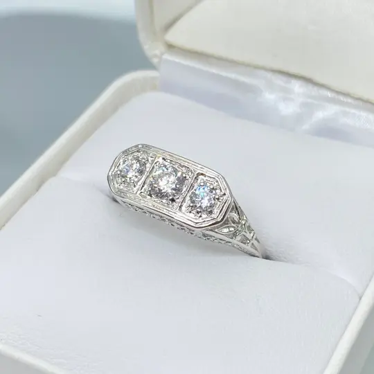 White CZ Ring, size 9, with Lily Leaf Filigree, Edwardian Jewelry #D197 - Ready to Ship