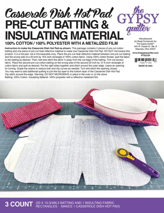Casserole Dish Hot Pad Pre Cut Batting 3ct