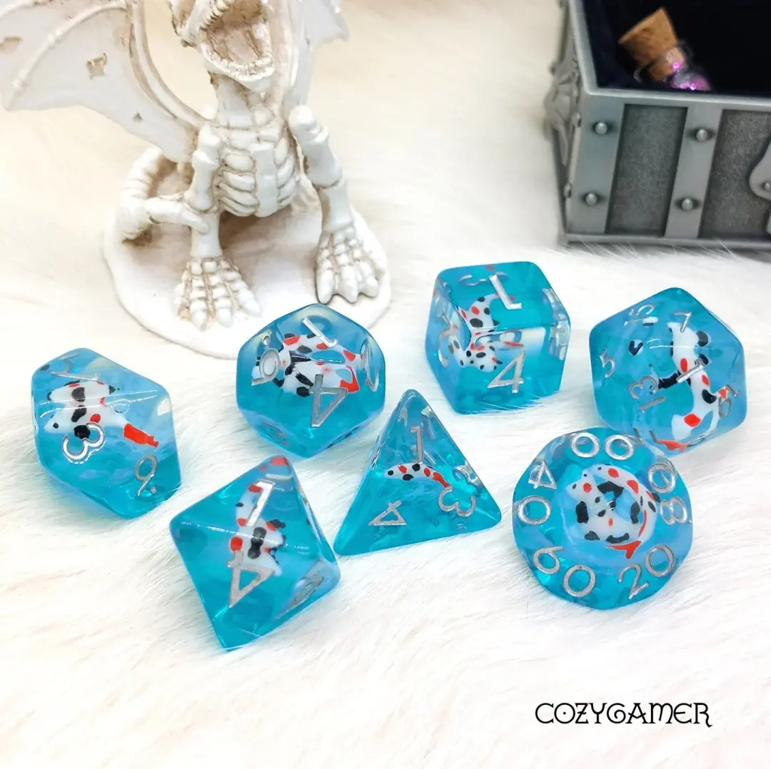 Koi Dice Set – Translucent with White, Orange & Black Koi on Blue Layer