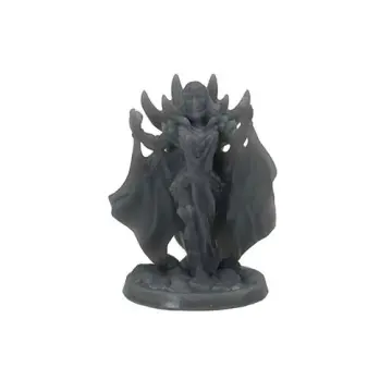 Unpainted 32mm 3D-printed regal necromancer crowned with a fan of curved blades, cloak thrown wide — tabletop RPG miniature for D&D, Pathfinder & wargaming