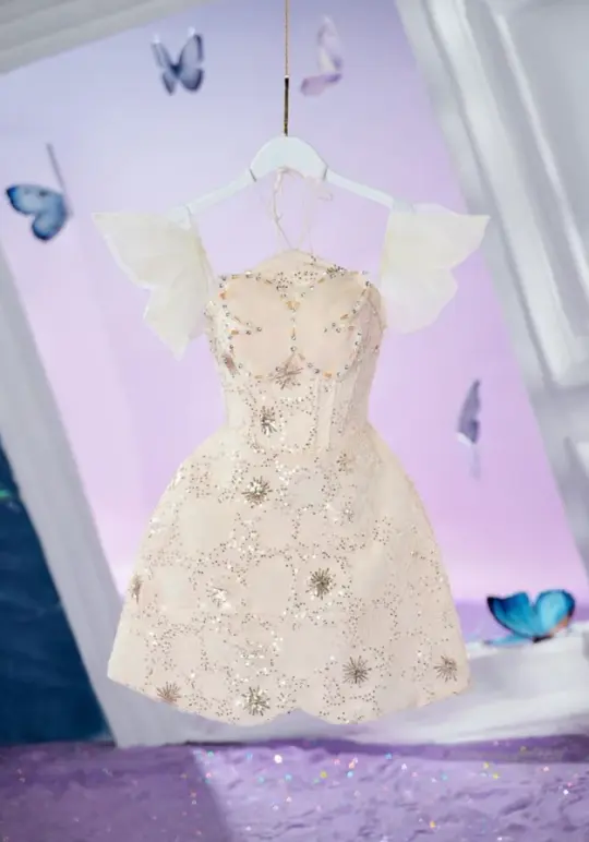 Light pink suspenders butterfly-shaped waist slimming A-line princess skirt homecoming dress R3367