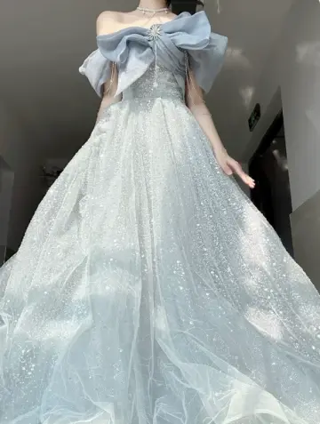 Tulle Hazy Bow Decor Corset Prom Gown , Sparkly Women's Maxi Quinceanera Dress Ball Gown RS2171