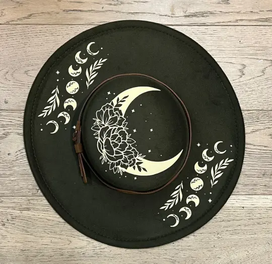 Olive Floral Moon Vegan Felt Flat Top Wide Brim Hat