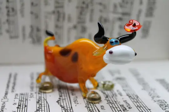 Orange Glass Cow Figurine With Heart - Handmade Murano Art Piece