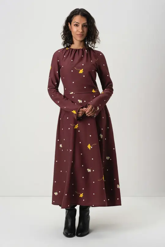 Fit and Flare Long Sleeve Dress in Brown | Vintage Flare