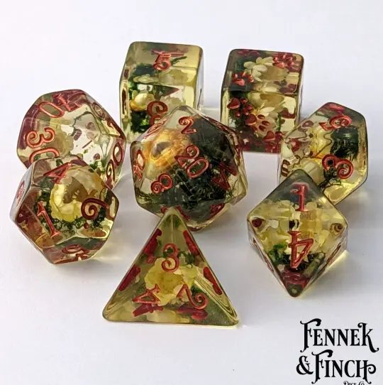 Yellow Flowers & Moss Resin Dice Set, 8 Piece Real Botanical D&D Dice, Paw Print D6