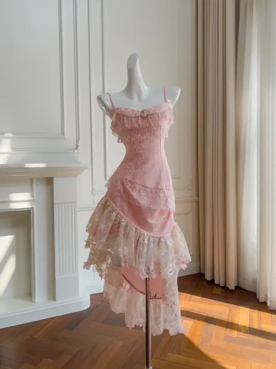 Pink suspender waist slim hip lace skirt mid-length skirt homecoming dress R5007