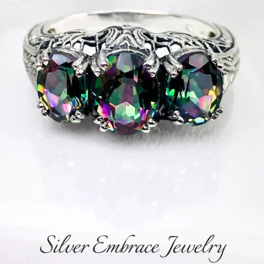 Mystic Topaz Ring, Size 5, Triple Gem Art Deco Jewelry Design#D41 - Ready to Ship