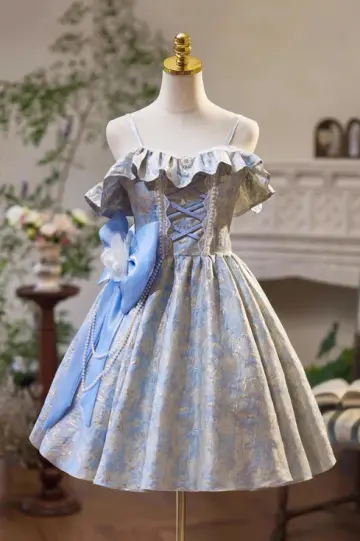 French Chic Pale Blue Floral A-line Spaghetti Straps Bow Waist Ornament Corset Mini Homecoming Dress RS509