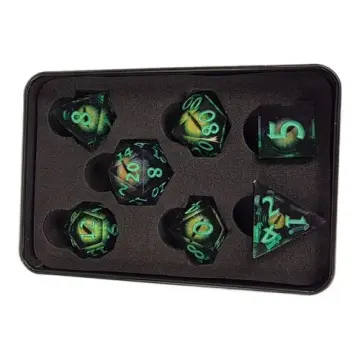 Sharp edge DnD dice set, smoky resin with a yellow green moving dragon eye and mint green numbers, 7 dice in a Project Kirtrite tin