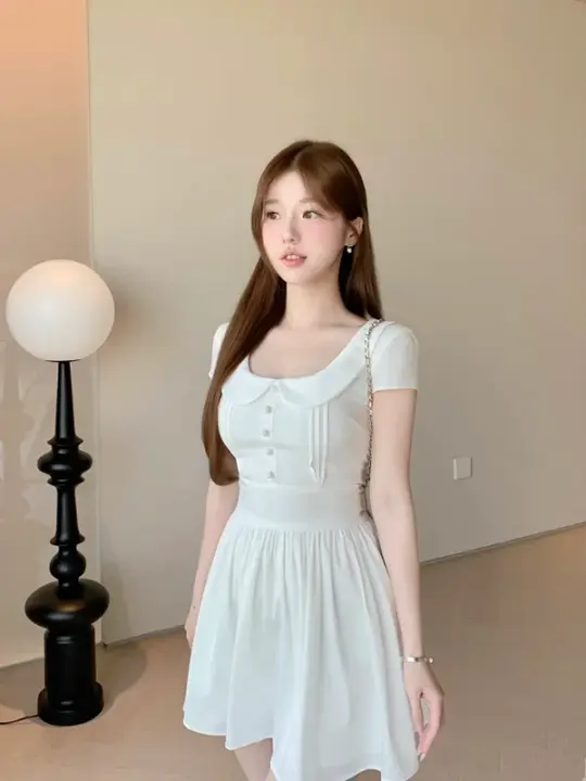 White baby doll collar slim waist A-line cute short skirt R5033