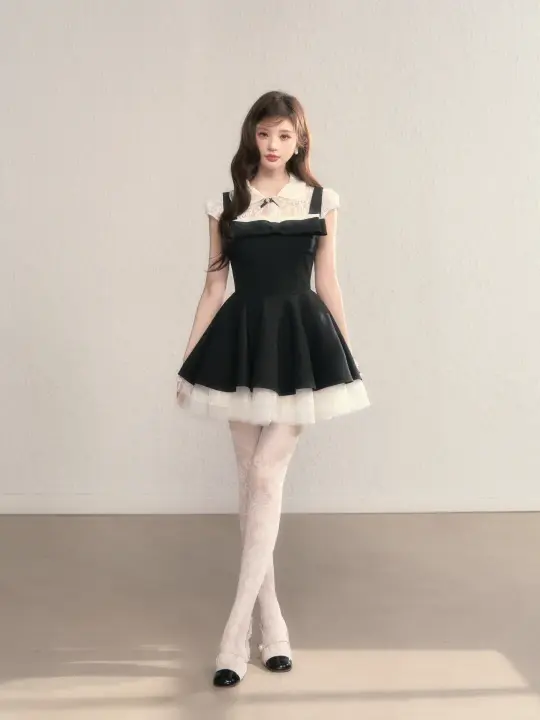 Black suspender waist slim A-line daughter style short skirt homecoming dress R5406