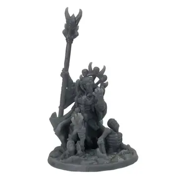 Unpainted 32mm 3D-printed skull-crowned necromancer enthroned on a drift of skulls and scattered bones — tabletop RPG miniature for D&D, Pathfinder & wargaming