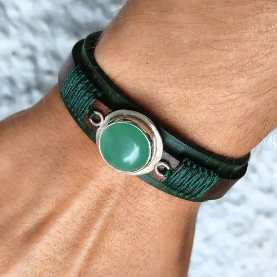 OOAK Green Aventurine Leather Bracelet — Olive & Oak Brown, 925 Silver