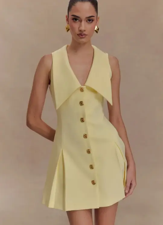 Yellow large neckline slim waist A-line short skirt homecoming dress R3857