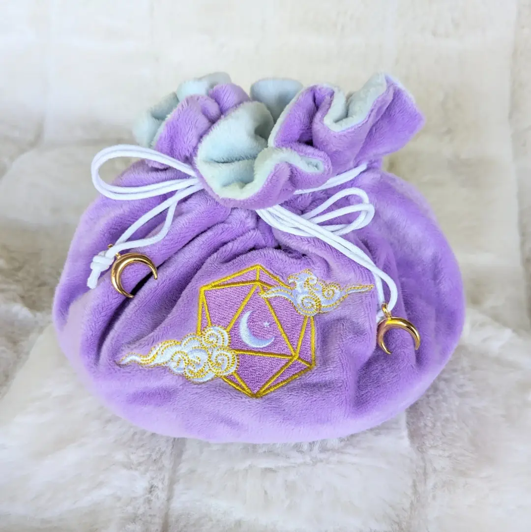 Dreamy Plush Dice Bag, Purple and Blue Multi Pocket Drawstring Pouch, Embroidered D20 Moon & Clouds