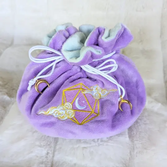 Dreamy Plush Dice Bag, Purple and Blue Multi Pocket Drawstring Pouch, Embroidered D20 Moon & Clouds