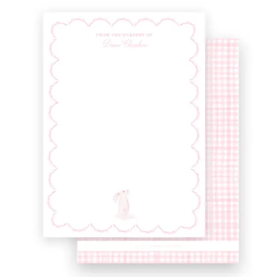 Pink Watercolor Bunny with Scallop Border Baby Stationery