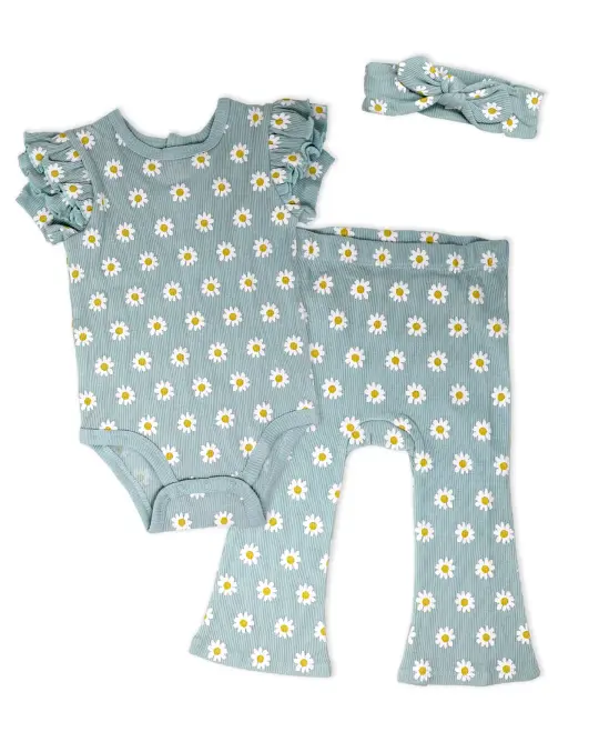 Baby Mode Baby Girls 3 Piece Blue Daisy Pants Set, 6-9M