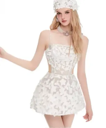 White suspender waist slim A-line princess skirt homecoming dress R4387