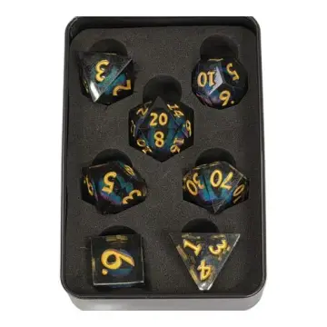Sharp edge DnD dice set, black resin with an iridescent blue green moving dragon eye and gold numbers, 7 dice in a Project Kirtrite tin