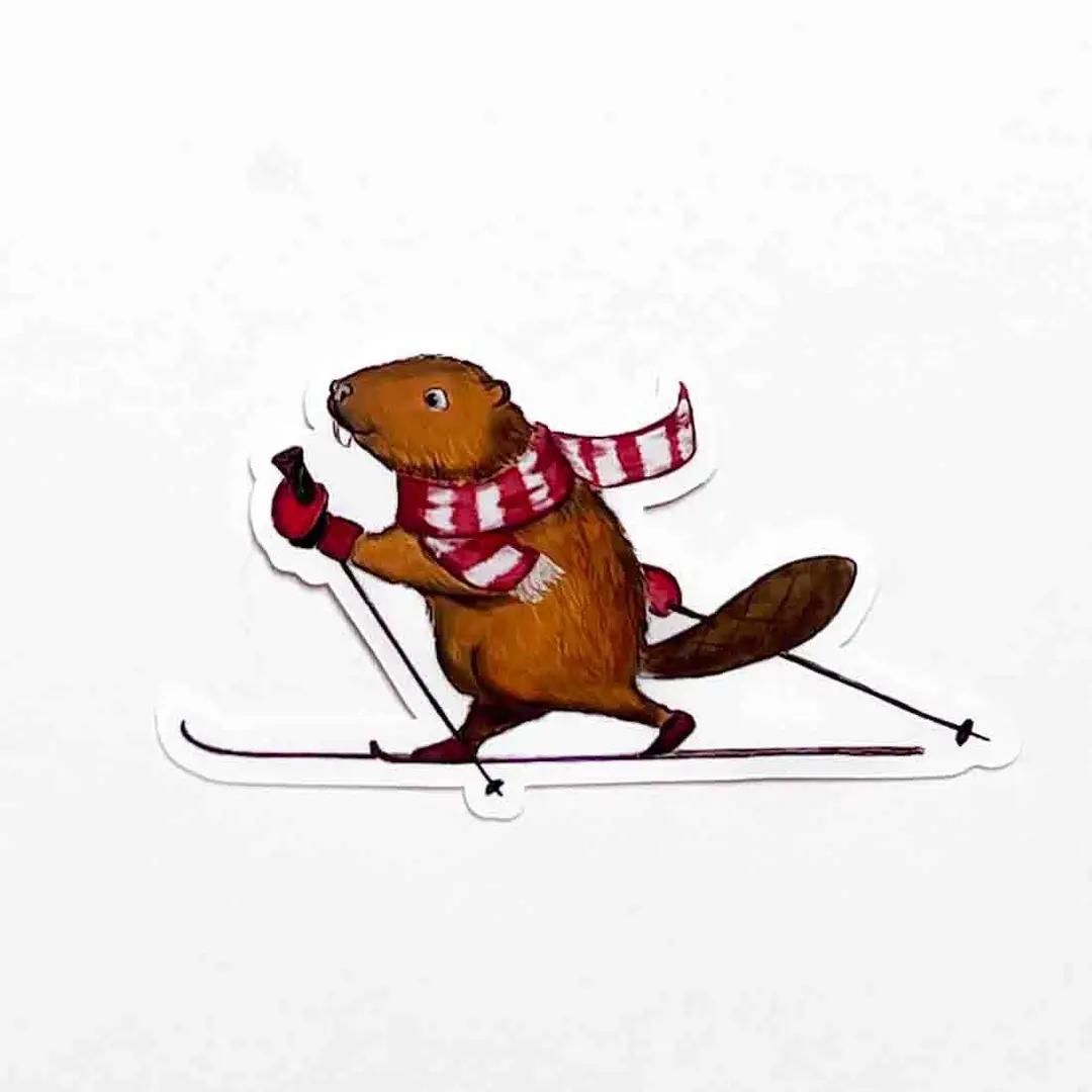 Cross Country Skiing Beaver Sticker, 3" | Wholesale 6 Pack
