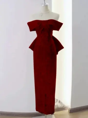 Niche Burgundy Sheath Strapless with Bow-knot Back Corset Maxi Evening Dress RS340