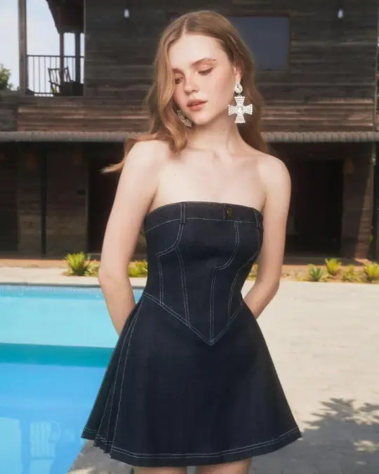 Black denim tube top sexy waist slim A-line mini skirt homecoming dress R4094