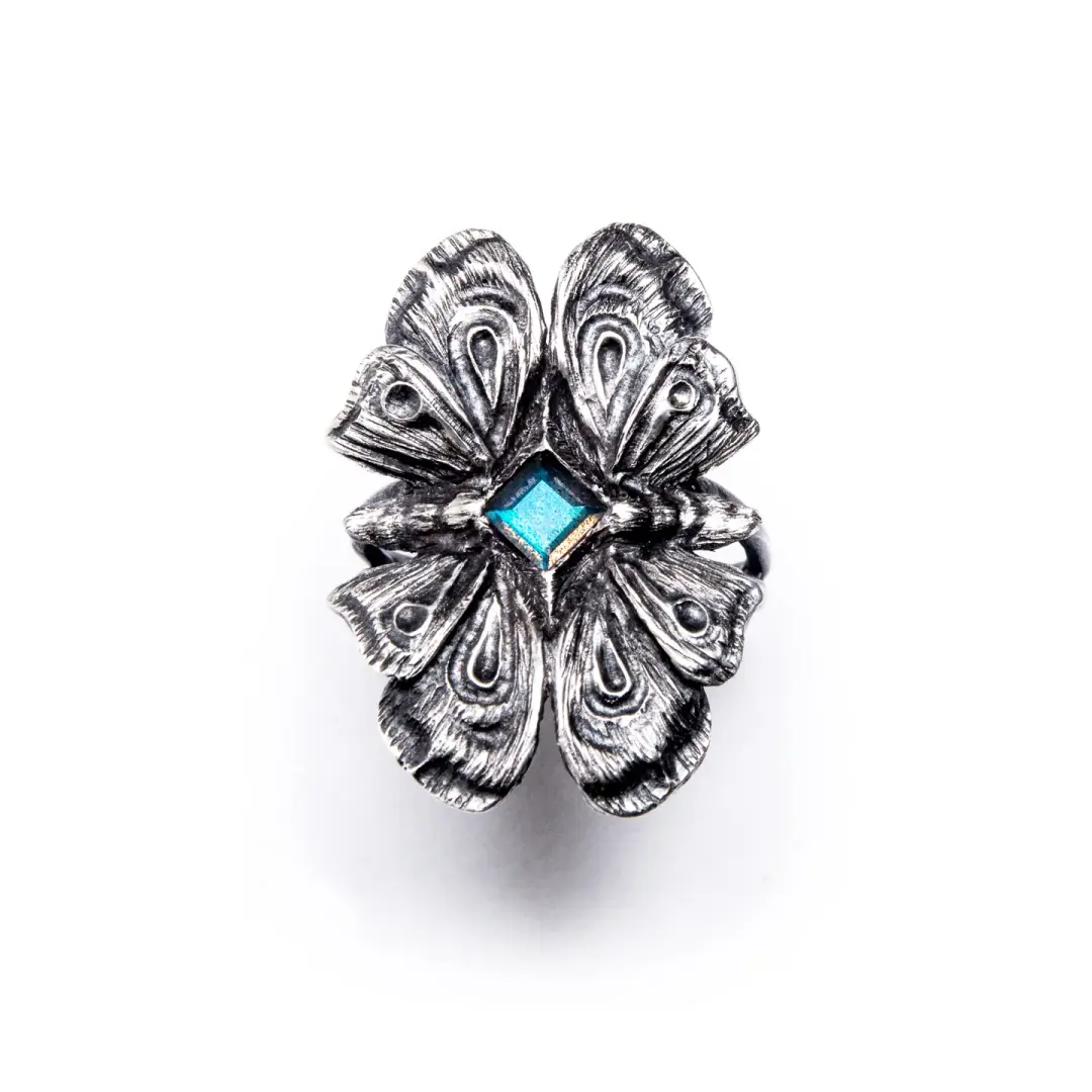 * Ready to Ship * Conjoined Alice Planchette Moth Ring. Labradorite. Size 5.25.