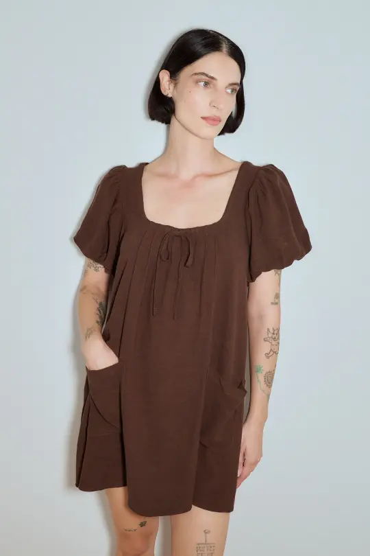 Soft Linen Babydoll Mini Dress Brown