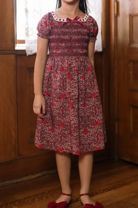 Mini Sunday Best Dress in Garnet Ribboned Garden