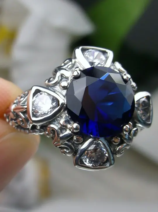 Blue Sapphire Ring-Size 9, Five Gem Art Deco Ring, Sapphire Vintage Revival Jewelry #D138 - Ready to Ship