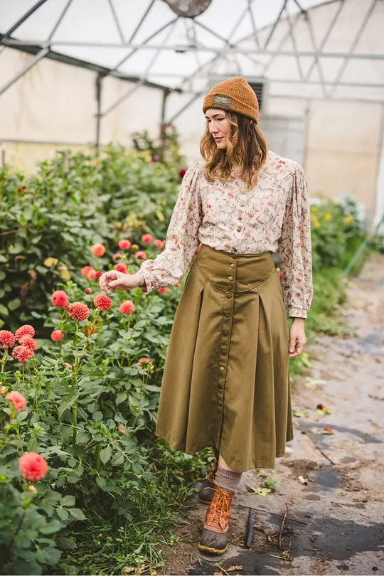 Long Cotton Lacey Jean Skirt in Brushed Olive-Medium Available!