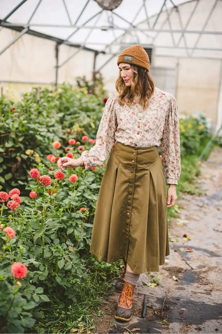 Long Cotton Lacey Jean Skirt in Brushed Olive-Medium Available!
