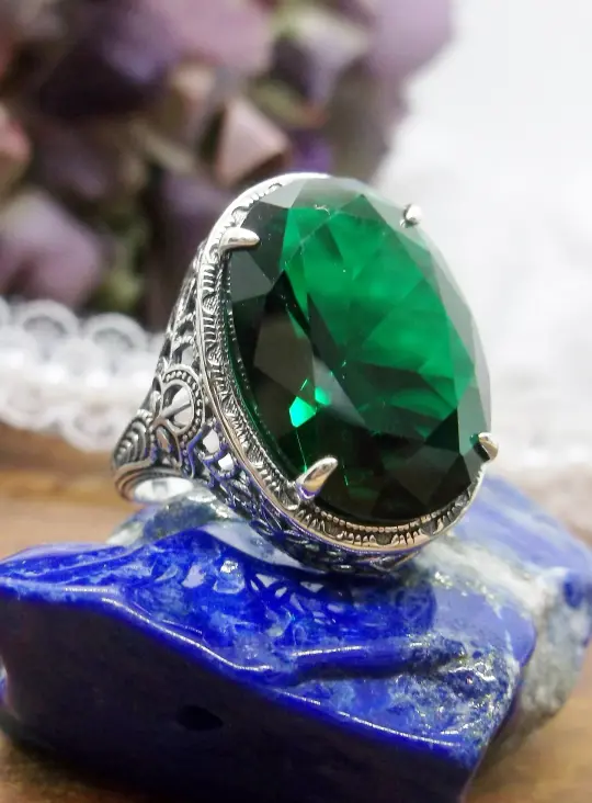 Green Emerald Ring, Art Deco Vintage Revival Jewelry #D230