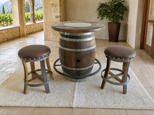 Whiskey & Wine Barrel DIY Bistro Kit — Table Top, Foot Rail & Stools