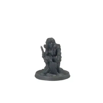Unpainted 32mm 3D-printed female gnome rogue perched on a tree stump with a dagger and a stolen flask — tabletop RPG miniature for D&D, Pathfinder & wargaming