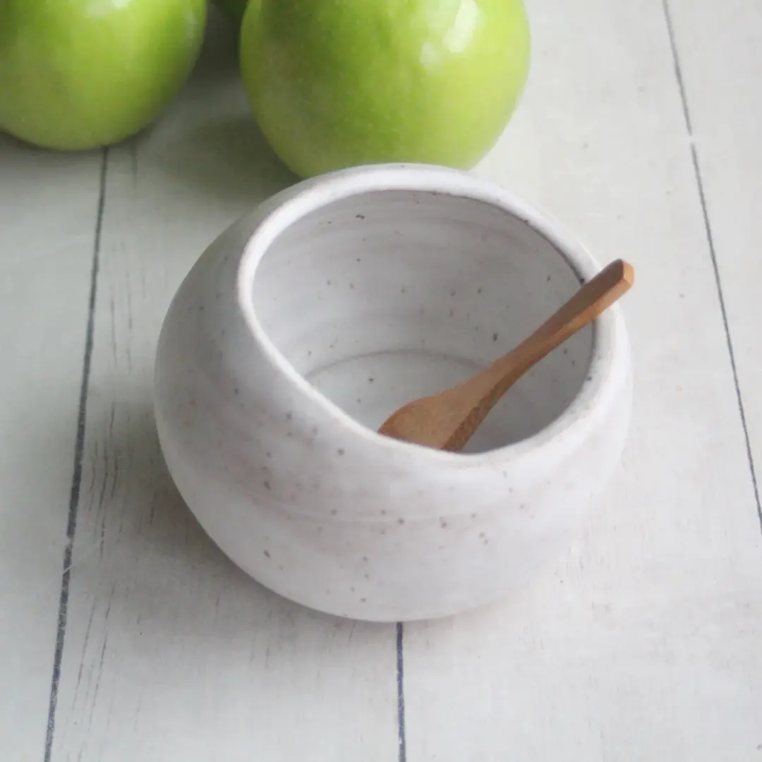Salt Cellar in Matte White Speckled Stoneware, Handcrafted Salt Pig, Made in USA