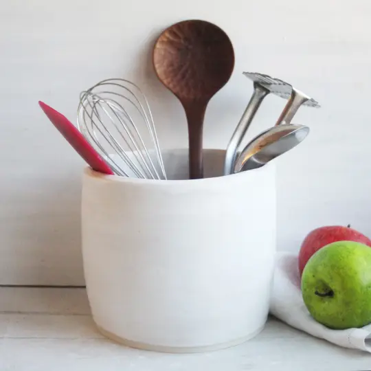 Large Utensil Holder in Matte White Glaze, Made in USA