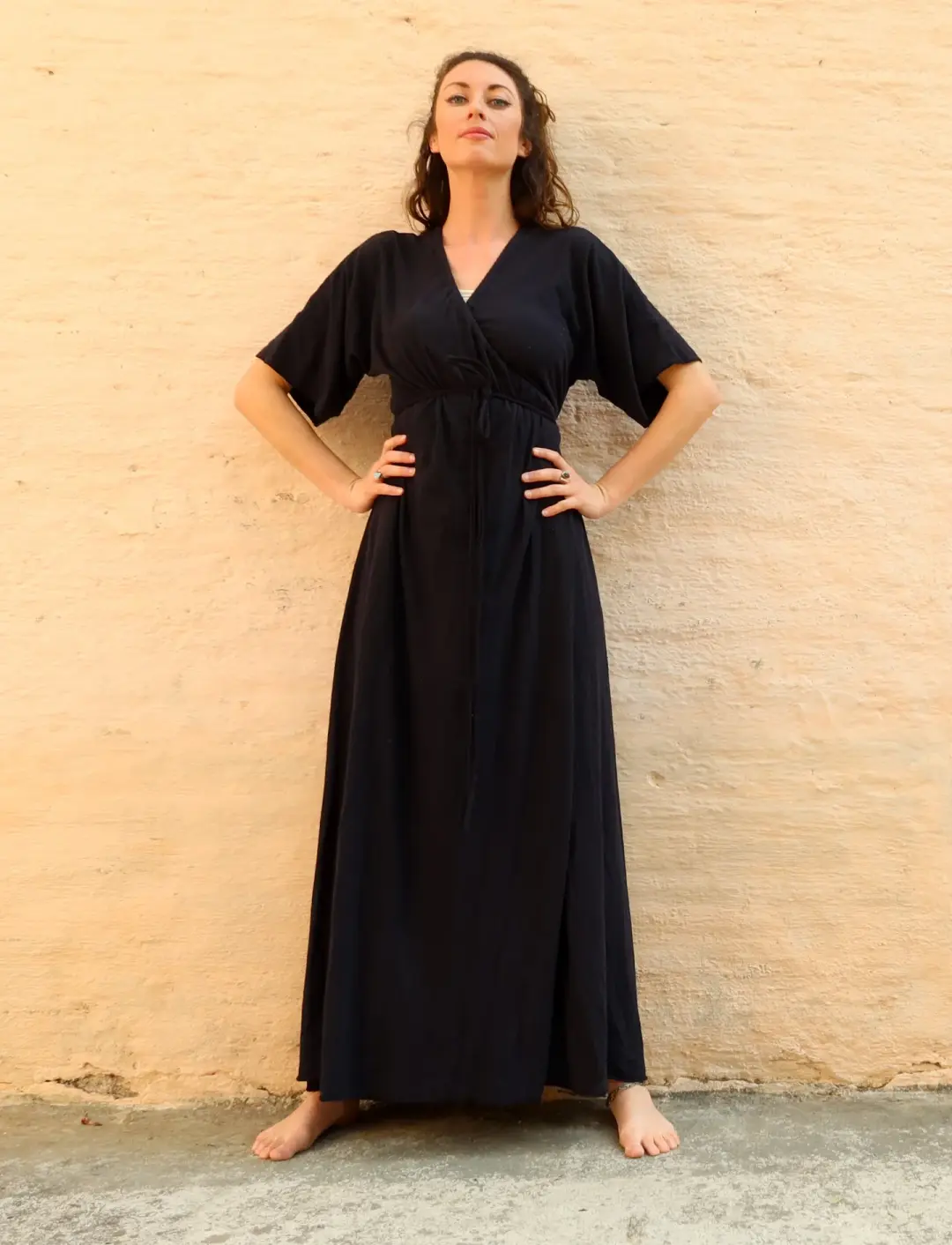 Drawstring Wrap Kimono Long Dress